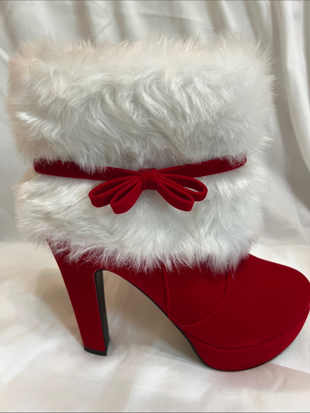 Festive Red High-Heel Faux Fur Cuff Booties